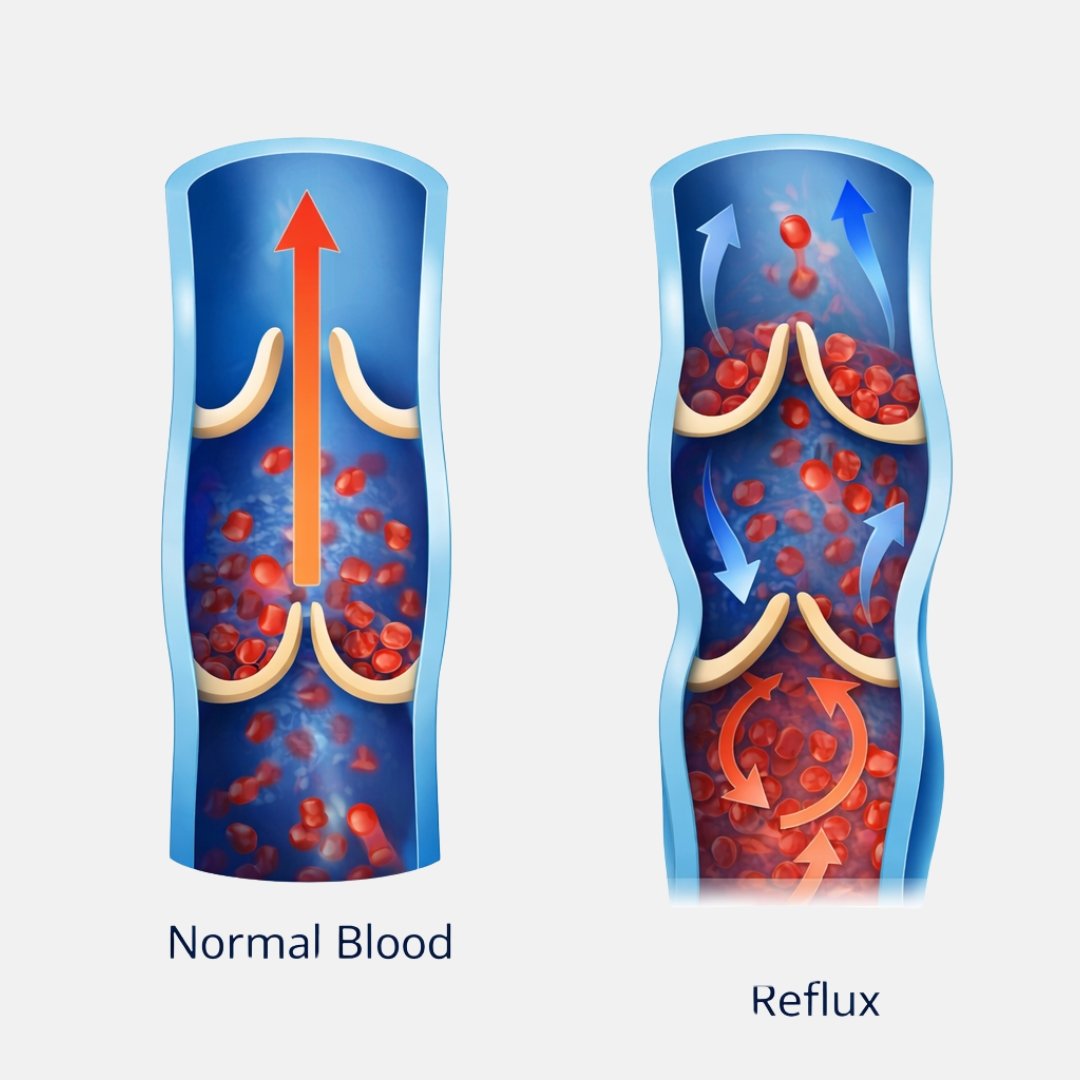 Diagram showing healthy vein vs varicose vein with reflux