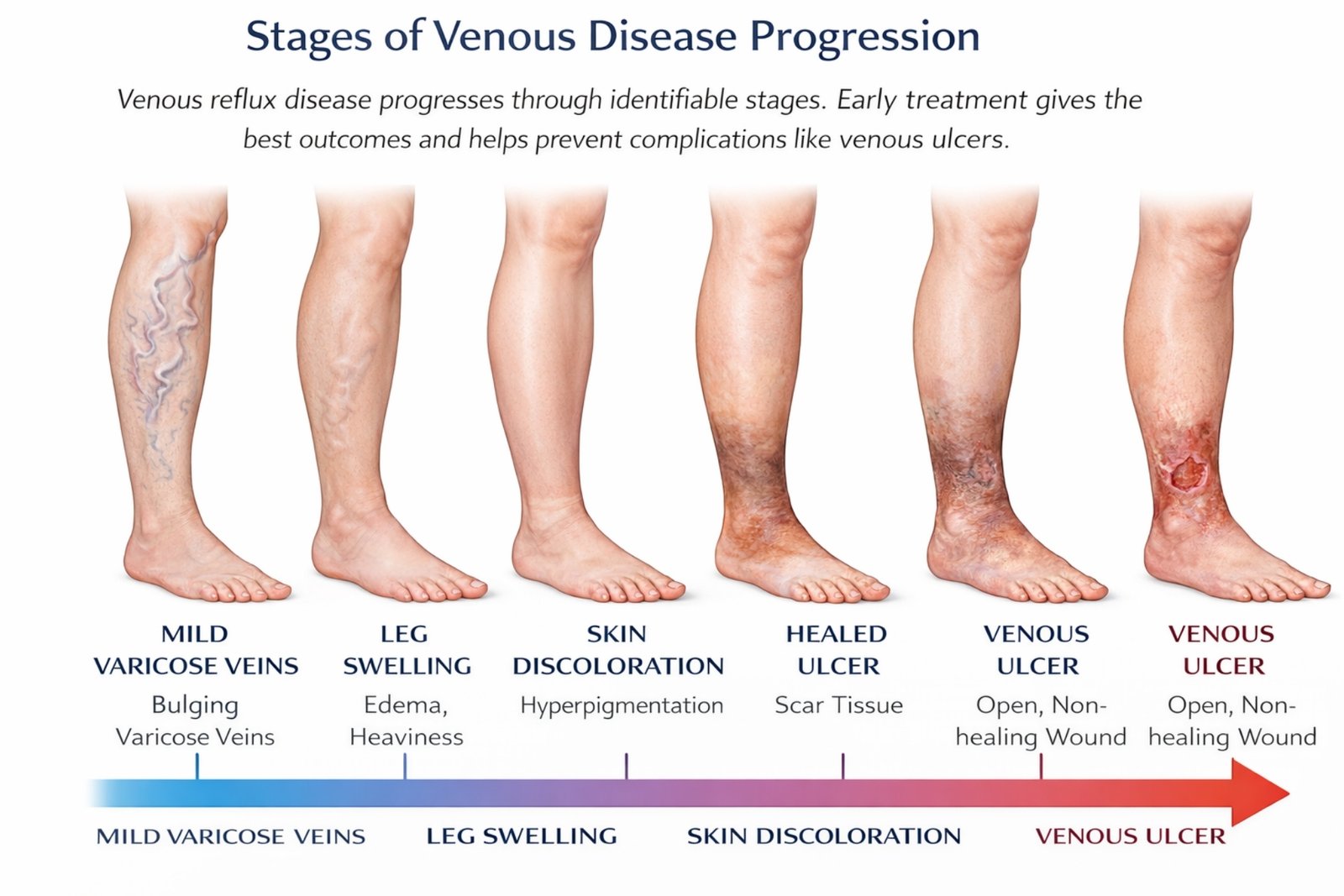 Stages of venous disease progression varicose veins to ulcers